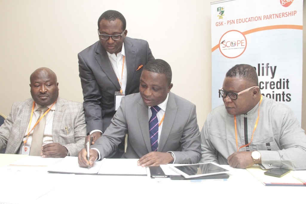 President, Pharmacists Society of Nigeria, Pharm, Olumide Akintayo, Commercial Development Manager, Africa & Development Countries in Asia (ADC), Mr. Jide Adeosun, Managing Director, GlaxoSmithKline (GSK), Mr. Lekan Asuni and National Treasurer, Pharmaceutical Society of Nigeria, Pharm. Duru Emeka during the signing of the MOU.