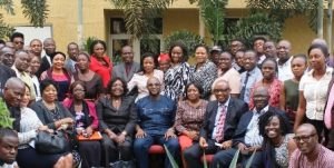 Stakeholders at the Final Pre-validation meeting. Front Row L-R (Dr. A. Oluwo- Director Medical Services Primary Health Care Board (PHCB); Mrs. Odukoya- Head of Nursing Services, PHCB, Dr. M. Olaiya- Executive Secretary, Lagos State Blood Transfusion Service; Dr. O. Taiwo- Director, Healthcare Planning Research and Statistics (LSMOH); Roy Chikwem- Area Operations Manager, Lagos & Cross River, Save the Children; Akaoma Onyemelukwe- HRH Consultant, Dr. E. Zamba- State HRH Focal Person, Dr. A. Shokunbi, Director- Medical Administration, Training and Special Programmes; Dr. O. Imosemi- Medical Director, Lagos Island Maternity Hospital, and Dr. LTA-Lawal, Medical Director, Gbagada General Hospital).